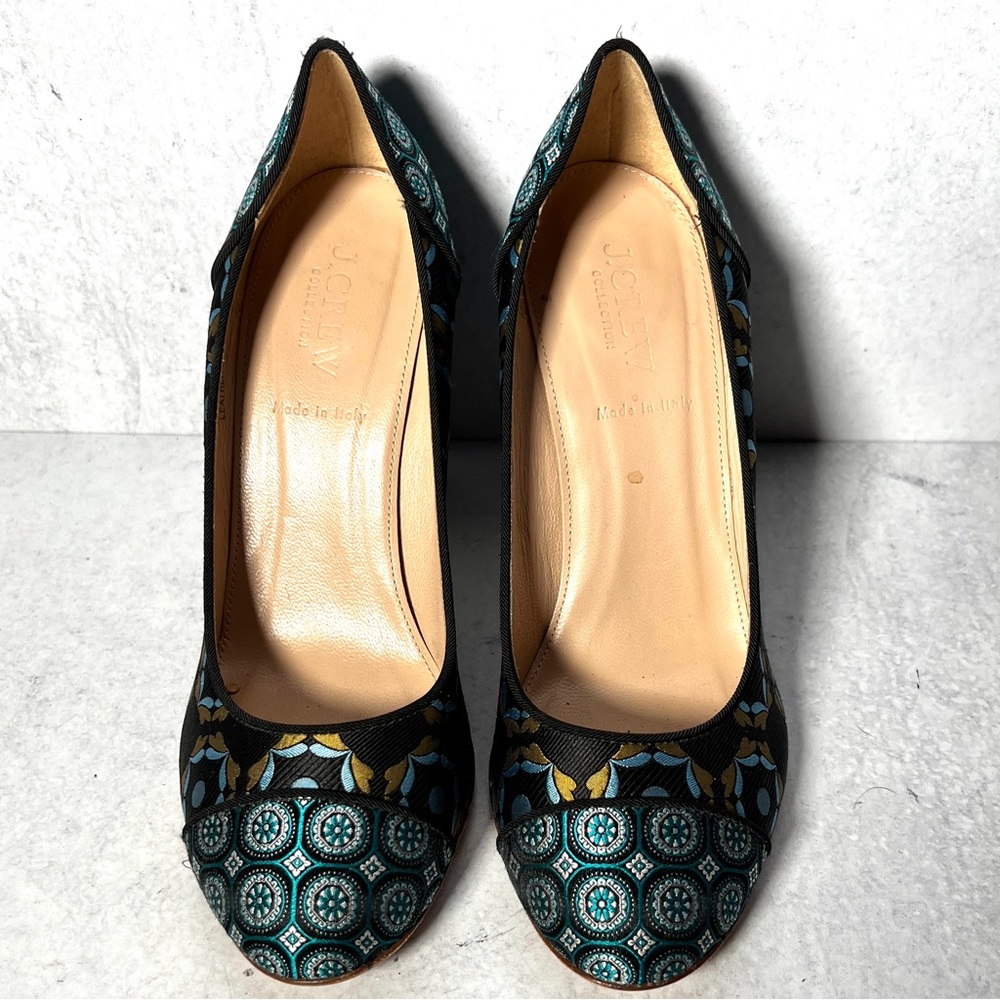 J Crew Collection Everly heels in blue & green silk multi pattern